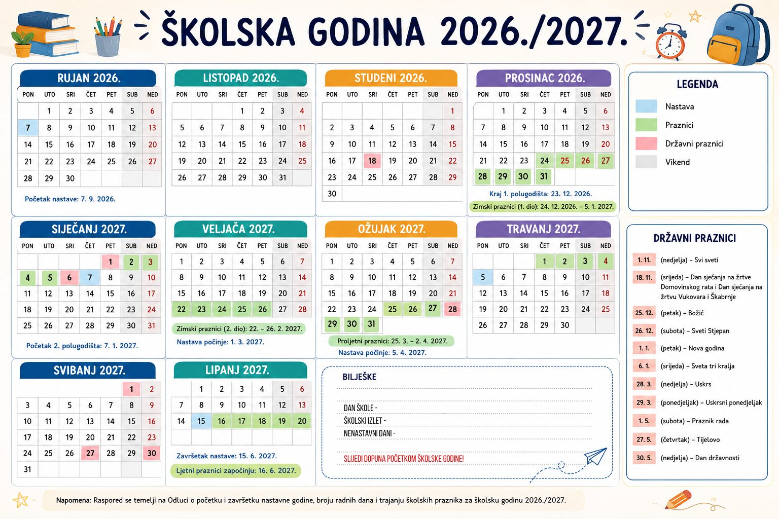Školski kalendar 2026./27.